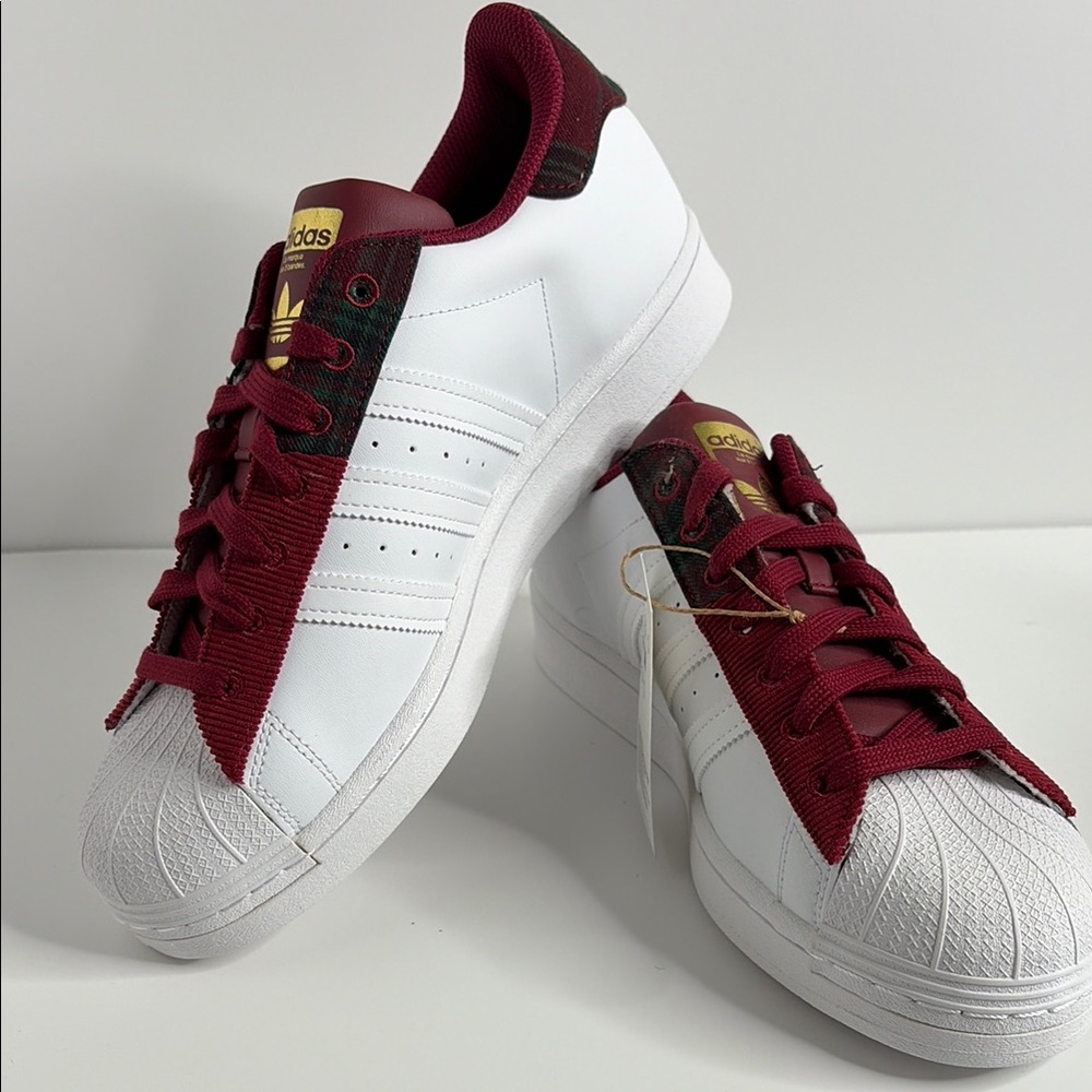 adidas White Superstar Sneakers with Burgundy Accents and Gold Logo H00211